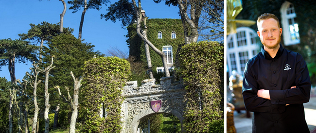 Dans le Domaine de Saint-Clair Le Donjon au dessus d'Etretat et le Chef Gabin Bouguet  qui préside aux destinées  de la cuisine depuis le mois de mars dernier... ©  Domaine Saint-Clair le Donjon.