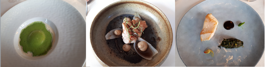 Quelques recettes du Chef  Gabin Bouguet ....dont L'oeuf parfait, Ris de veau et pétales d'oigon, Turbo, ail noir, épinard sumac et citron confis. ©  Domaine Saint-Clair