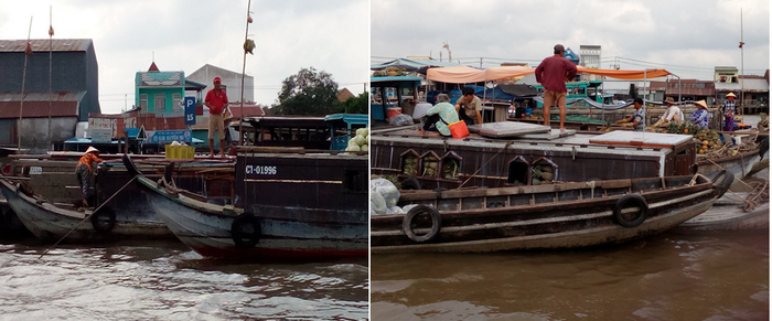 De gauche à droite :le marché Cai Rang est spécialisé dans le commerce de fruits, ici des pastèques.… Ici des ananas.  © FS