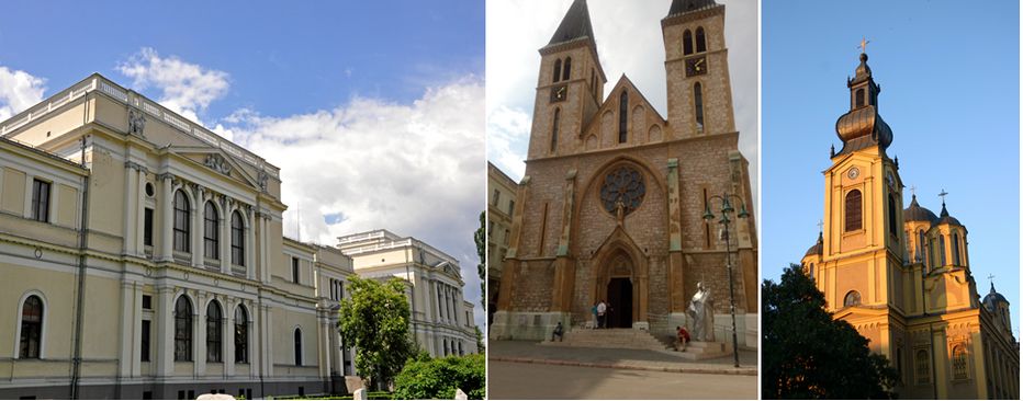 De gauche à droite : Musée National de Bosnie Herzegovine © Wikipédia; : La Cathédrale catholique du Cœur-de-Jésus © DR ; La Cathédrale orthodoxe de la Nativité-de-la-Mère-de-Dieu © FS