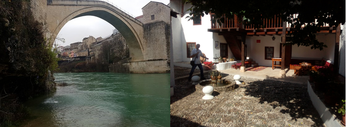 De gauche à droite : le Stari Most, qui a donné son nom à la ville. C’est de là que les célèbres « Mostari » se jettent dans la rivière ; Cour pavée de la Maison Turque © FS
