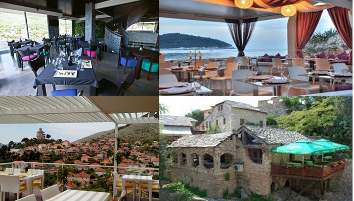 1/Restaurant Podrumi Vukoje 1982 Trebinje @ DR, 2/ Restaurant Banje Beach Dubrovnik @ DR, 3/ Trebinje, l' une des plus anciennes villes de Bosnie-Herzégovine @ FS, 4/ Restaurant Konoba Taurus Mostar @DR