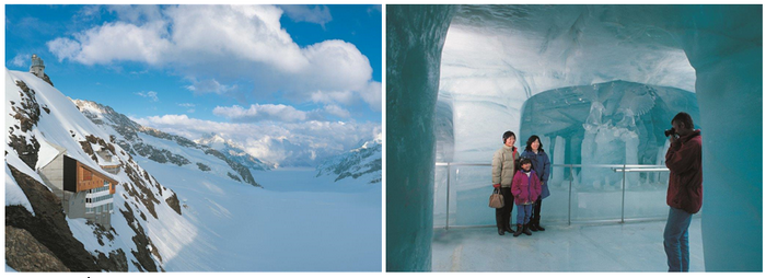 De gauche à droite : Le glacier d’Aletsch et la station d’observation ; le palais des glaces sous le glacier d’Aletsch au Jungfraujoch . @DR