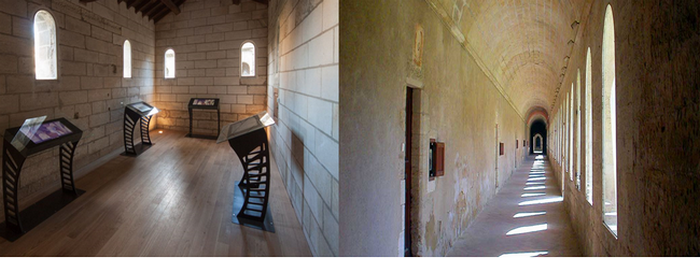 De gauche à droite : Exposition de photos; Couloir menant aux chambres monacales © O.T. Villeneuve les Avignon