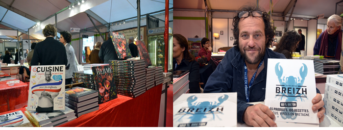 Thierry Gomez,meilleur ouvrier de France, et chef de cuisine à l'Elysée expose son livre de recettes faciles non loin de Thierry Breton le chef de La pointe du Grouin et de Chez Casimir à Paris. qui lui, livre son ouvrage et les secrets de ses  recettes bretonnes.. @ David Raynal