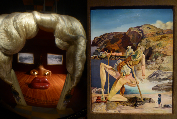 Dans la salle du Théâtre-Musée de Salvador Dali  Mae West, le sofa devient la bouche, les rideaux sont les cheveux, les deux tableaux forment les yeux. Le tout recompose le visage très fardé de cette star, sex-symbol de l’entre deux-guerres et parmi  plus de1500 œuvres on admire Le Spectre du sex-appeal, l’Autoportrait mou avec des lardons. Copyright Catherine Gary