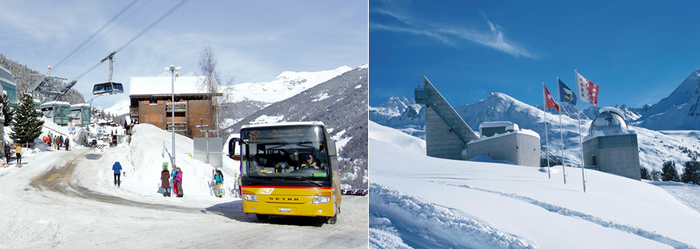 De gauche à droite :  Le car postal est encore en Suisse un moyen de transport, bon marché, habituel et populaire, pour monter jusqu’aux stations. @ DR;  l’Observatoire François-Xavier Bagnoud.@ DR