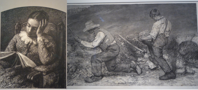 De gauche à droite : La lecture. Gustave Courbet. 1853. Fusain et estompe.@ C.Gary et Les Casseurs de pierre 1849 Dessin préparatoire au tableau. @ C.Gary De gauche à droite : La lecture. Gustave Courbet. 1853. Fusain et estompe.@ C.Gary et Les Casseurs de pierre 1849 Dessin préparatoire au tableau. @ C.Gary