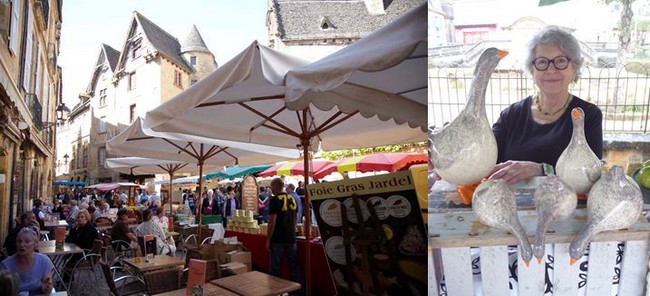 De gauche à droite : Place du Marché de Sarlat lors de la Fest'Oie . @ OT Sarlat;  La céramiste Annie Soret. @ C.Gary