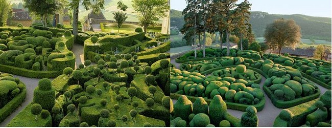 Vue en surplomb des jardins de Marqueyssac et Le moutonnement des topiaires toujours à  Marqueyssac. @ OT Sarlat