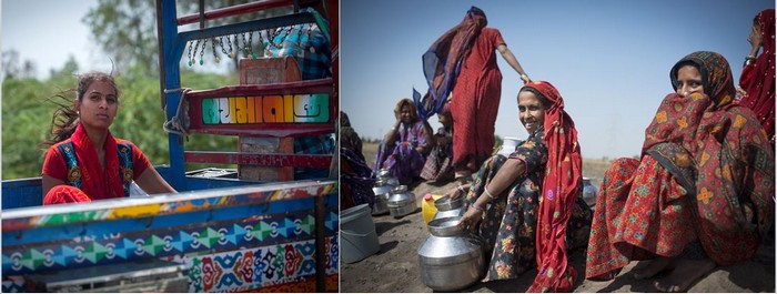 De gauche à droite :   Tissage Patola  et  Tribu Jat en provenance du désert du Kutch     ©Fabrice Dimier