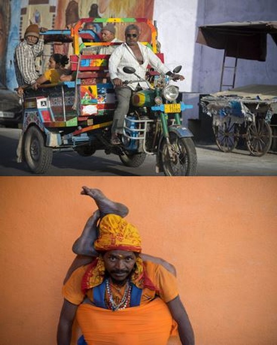 De haut en bas : Taxi collectif gujarati  et au Mont Girnar un sadhu shivaïte .©Fabrice Dimier