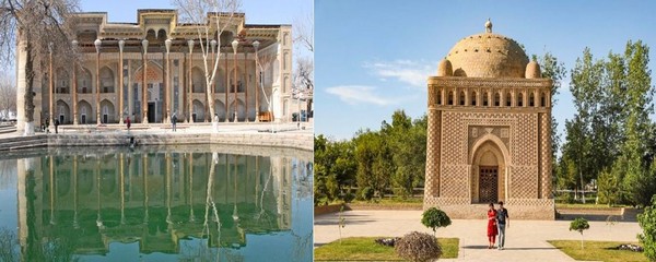 De gauche à droite :  Bassin de la mosquée aux quarante colonnes et Mosquée Bolo Khaouz à Boukhara @ F.S