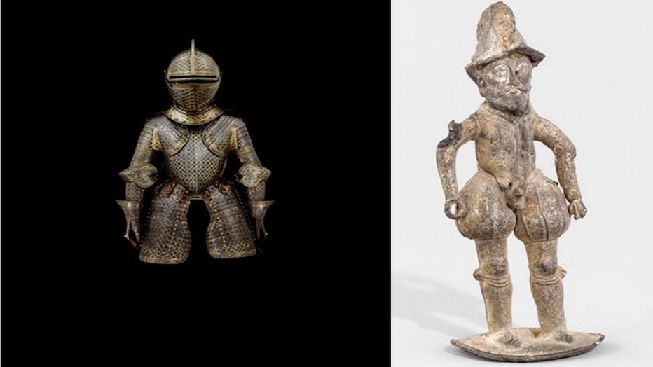 De gauche à droite :  Demi-armure pour un enfant de la cour de France © Musée de l'Armée, Dist. RMN-Grand Palais – ; JY et N. Dubois et  Soldat jouet © RMN-Grand Palais (musée de Cluny - musée national du Moyen-Age) – F. Raux