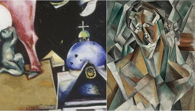 l’exposition réunit des chefs-d’œuvre de la collection du Centre Pompidou, Paris, dont Femme assise (1910) de Pablo Picasso (à droite); À la Russie, aux ânes et aux autres (1911) de Marc Chagall ; (à gauche). @ Musée Georges Pompidou