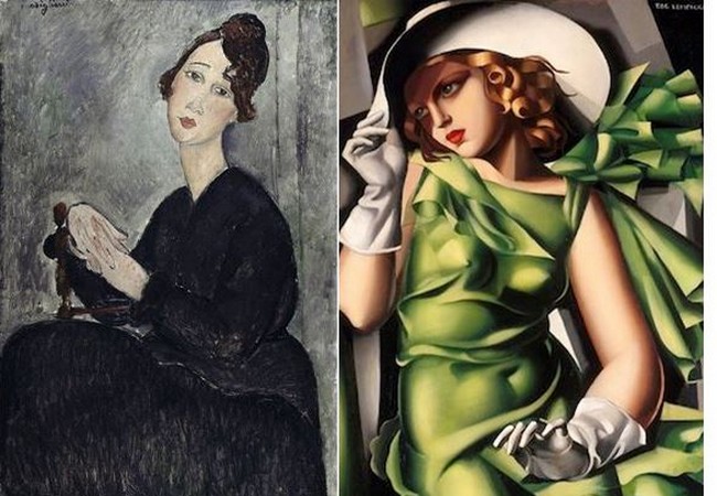 Portrait de Dédie (1918) d’Amedeo Modigliani ; Jeune Fille à la robe verte (1927) de Tamara de Lempicka.@ Musée Pompidou