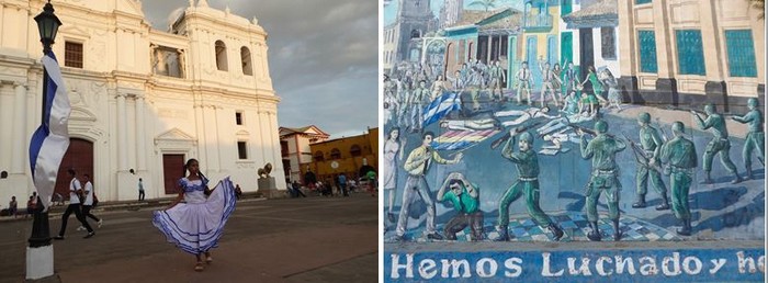 De gauche à droite :Granada La cathédrale, imposante et colorée et à Léon les fresques rappellent les combats contre Somoza @ C.Gary