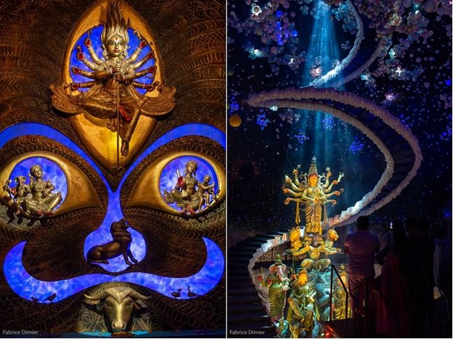 De gauche à droite :  Création originale présentant  Durga victorieuse du buffle démoniaque en compagnie de sa monture le lion et de ses quatre enfants et Trophée Emotion. Durga interstellaire. @ Fabrice Dimier De gauche à droite :  Création originale présentant  Durga victorieuse du buffle démoniaque en compagnie de sa monture le lion et de ses quatre enfants et Trophée Emotion. Durga interstellaire. @ Fabrice Dimier