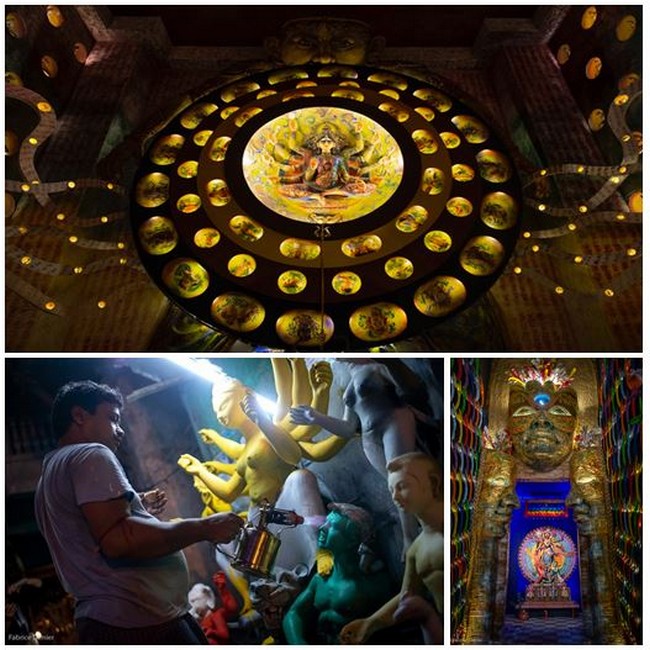 En haut :Trophée la fête de Durga; en bas de gauche à droite :Les artisans travaillent jour et nuit pour Durga Mela et Pandal au thème transgenre @ toutes les photos sont de Fabrice Dimier