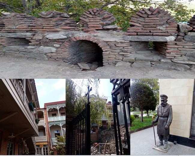 En haut : Muraille d'Ananouri  @ OT Georgie; en bas de gauche à droite :  1/Les maisons en bois de la vieille ville de Tbilissi. 2/ A Ananouri , derrière la grille ouvragée des vieilles maisons, à leurs pieds des vestiges. @ FS  3/Une statue dans la ville tbilissi. @ FS