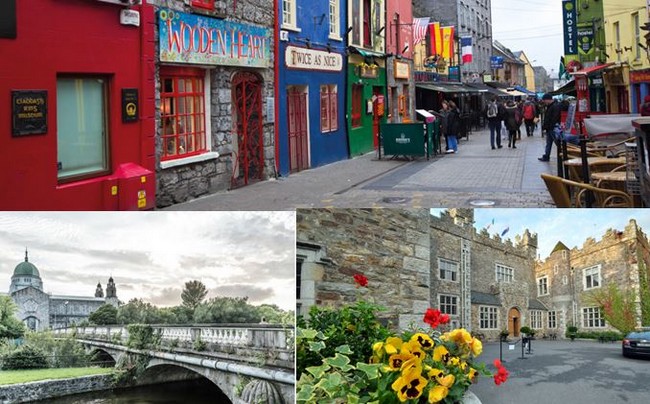 Photo du haut et en bas à gauche : le charme de la ville de Galway. @ David Raynal,; Pour les voyageurs épris de quiétude, le Waterford Castle Hotel & Golf Resort est une adresse incontournable.Crédit photo David Raynal