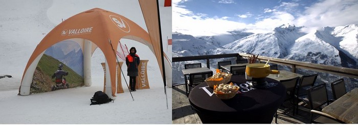 Les joies des sports de glisse à Valloire et le plaisir de déguster une fondue avec vue sur les Alpes. @ RB et OT Valloire
