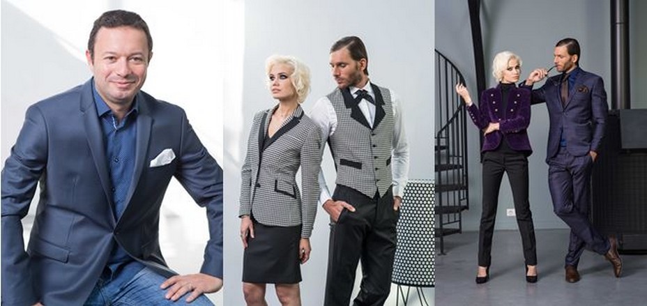 De gauche à droite : Portrait de Pierre Florentin, fondateur de la marque SERVI. et ses modèles de tenues hôtelières tendances. @ DR