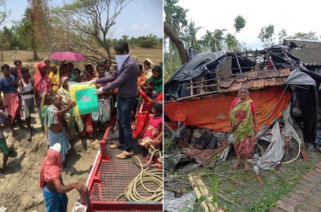 Jaydeep Mukerjee apporte des bâches et des aliments secs  dans la région  de Sundarbans  et le triste spectacle des  maisons rasées par le cyclone. @ Association Meghdutam Foundation