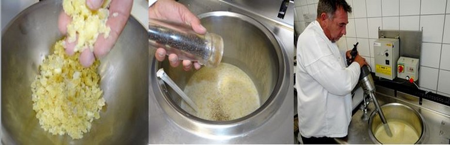 Le metton est le produit de base de la cancoillotte. À celui-ci on rajoute de l’eau et du beurre ainsi que du sel et du poivre. L’ensemble des éléments est mixé puis chauffé au bain-marie. ©Bertrand Munier