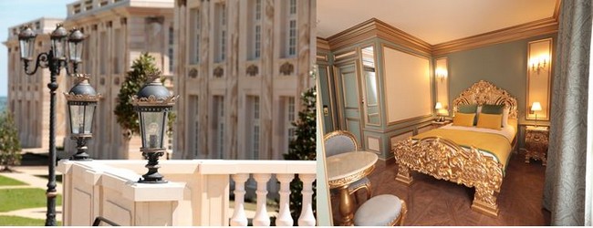 De gauche à droite : Le Grand Siècle - Chambres extérieures et Le Grand Siècle et ses chambres inspirées du Roi Soleil  - Chambre intérieure . @ Le Puy du Fou