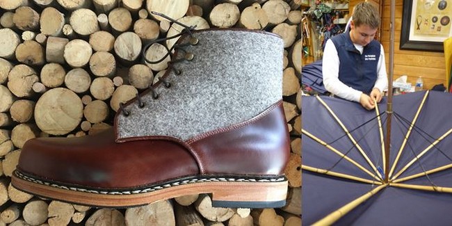 De gauche à droite : Le Souloir Modèle Montmartre laine pommies-semelle cuir et  Fabrication des parapluies de Berger avec 9 baleines en rotin @ C.Gary De gauche à droite : Le Souloir Modèle Montmartre laine pommies-semelle cuir et  Fabrication des parapluies de Berger avec 9 baleines en rotin @ C.Gary