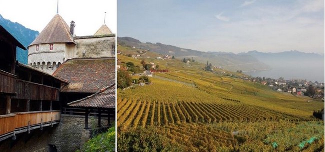 De gauche à droite : Riviera vaudoise, château de Chillon, passage couvert. ©Degon et Riviera vaudoise. Vignoble du Lavaux ©Degon.