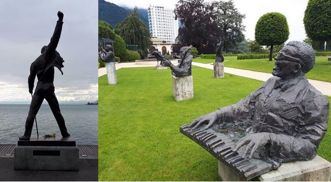 Riviera vaudoise, Montreux, statue de Freddie Mercury regardant le lac. ©Degon  et Montreux le parc des statues des musiciens qui se produisirent au Festival de jazz. ©Degon.