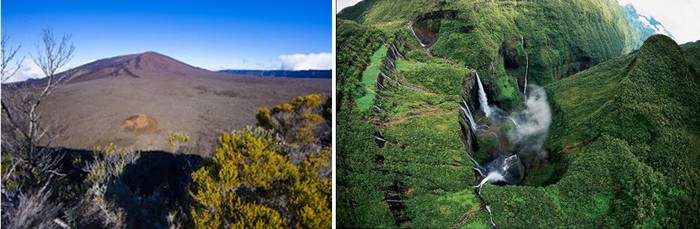 De gauche à droite - Le Piton de la Fournaise au repos et  Cascades et bassins au " Trou de Fer" @ David Raynal