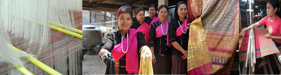 De gauche à droite : Complexité du tissage de la soie @. C.G.; Les Kui teignent leur soie de pigments naturels à Tha Sawang @ C.G.; Le  brocart tissé de fils d'or et d'argent  @ C.G.; Atelier de tissage dans un petit village.  @ C.Gary De gauche à droite : Complexité du tissage de la soie @. C.G.; Les Kui teignent leur soie de pigments naturels à Tha Sawang @ C.G.; Le  brocart tissé de fils d'or et d'argent  @ C.G.; Atelier de tissage dans un petit village.  @ C.Gary