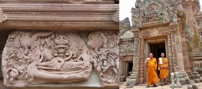 De gauche à droite : Le linteau à l'entrée du temple khmer de Phanom Rung. Vishnou sur son serpent, flottant sur une mer de lait. @ C.Gary;  Les moines bouddhistes arpentent les vestiges des différents temples khmers dispersés, solitaires, dans une nature luxuriante. @ C.Gary