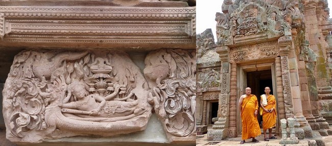 De gauche à droite : Le linteau à l'entrée du temple khmer de Phanom Rung. Vishnou sur son serpent, flottant sur une mer de lait. @ C.Gary;  Les moines bouddhistes arpentent les vestiges des différents temples khmers dispersés, solitaires, dans une nature luxuriante. @ C.Gary De gauche à droite : Le linteau à l'entrée du temple khmer de Phanom Rung. Vishnou sur son serpent, flottant sur une mer de lait. @ C.Gary;  Les moines bouddhistes arpentent les vestiges des différents temples khmers dispersés, solitaires, dans une nature luxuriante. @ C.Gary
