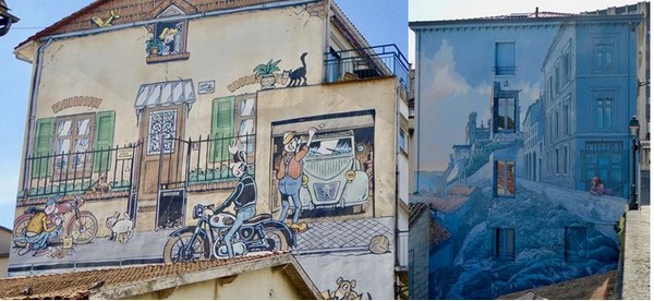 Angoulême Le Festival de la BD s'affiche sur les façades @ C.Gary ; Angoulême Les lauréats du Festival de la BD ont l'honneur des murs. @ C.Gary