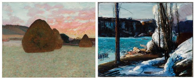 De gauche à droite : John Leslie Breck (1859-1899) Études d’un jour d’automne, nº 2, 1891 Huile sur toile, 32,7 x 41,1 cm Chicago, Terra Foundation for American Art, Collection Daniel J. Terra, 1989.4.2 © Terra Foundation for American Art, Chicago  ; George Bellows (1882-1925) Les « Palisades », 1909 Huile sur toile, 76,2 x 96,8 cm Chicago, Terra Foundation for American Art, Collection Daniel J. Terra, 1999.10 © Terra Foundation for American Art, Chicago De gauche à droite : John Leslie Breck (1859-1899) Études d’un jour d’automne, nº 2, 1891 Huile sur toile, 32,7 x 41,1 cm Chicago, Terra Foundation for American Art, Collection Daniel J. Terra, 1989.4.2 © Terra Foundation for American Art, Chicago  ; George Bellows (1882-1925) Les « Palisades », 1909 Huile sur toile, 76,2 x 96,8 cm Chicago, Terra Foundation for American Art, Collection Daniel J. Terra, 1999.10 © Terra Foundation for American Art, Chicago