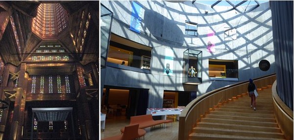 De gauche à droite : A l'intérieur  la tour-lanterne éclairée par 12768 pièces de verre colorées de Marguerite Huré . C.Gary; La bibliothèque du petit Volcan.@ C.Gary