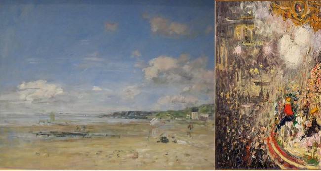 De gauche à droite : Une œuvre de la collection Eugène Boudin au MuMa @ C.Gary ; Une œuvre de Van Dongen, Le Carrousel, dans l'exposition Les Nuits électriques auMuMa. @ C.Gary