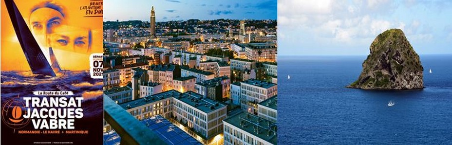 Le centre-ville du Havre reconstruit et le rocher du Diamant en Martinique au large duquel les skippers devront passer en fin de parcours. Crédit photo Ville du Havre Hervé Sentucq/David Raynal.