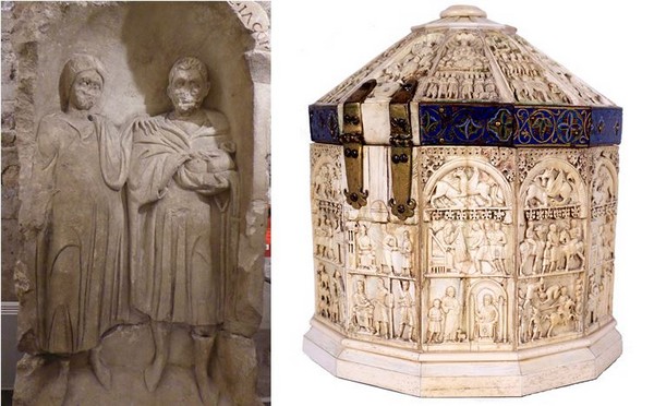 De gauche à droite :  Stèles funéraires Musées de Sens .jC.Gary ; Sainte Châsse, coffret reliquaire, ivoire, cuivre, cèdre, émail, 13e siècle. Musées de Sens – E. Berry
