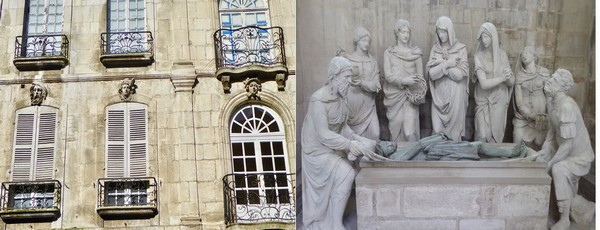 De gauche à droite : Porte de Sens à Villeneuve-sur-Yonne©Adeline Gauthier ; Mise au tombreau XVIè siècle dans l'église ND de l'Assomption à Villefranche @ C.Gary