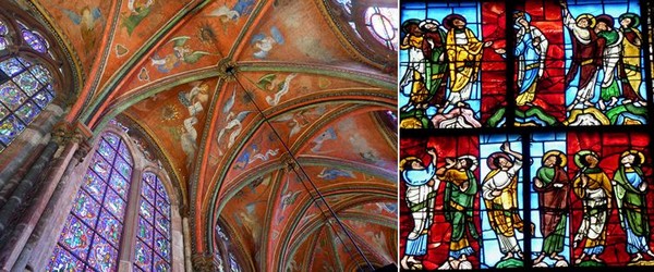 De gauche à droite  Les anges musiciens dans la chapelle de la Vierge de la cathédrale  © pierre poirrier ville du mans ; Détail du vitrail de l'Annonciation, le plus ancien connu dans un monument religieux.@ C.Gary