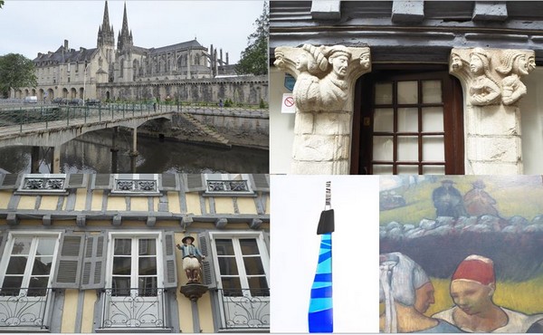 1/ Quimper Vue sur la cathédrale depuis les quais sur l'Odet @C.Gary,  Quimper  Rue Kéréon, la maison aux cariatides C.Gary,3/ Quimper. Rue Kéréon, la statue-enseigne du Petit breton  C.Gary , 4/ Atelier Couleur et Verre et 5: Musée Beaux-Arts L'Ecole de Pont-Aven est ien représentée @.C.Gary