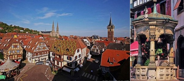 Dans le vieil Obernai  on peut  admirer les façades historiques et colorées entourant la place du Marché et son beffroi, se pencher au-dessus du puits à six seaux et faire un vœu. @ Pixabay/Lindigomag