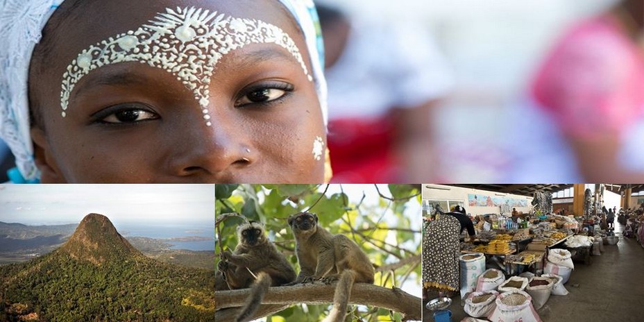 Photo haut : Les femmes portent  Le M’SINDZANO . Un masque de santal qui sert à purifier la peau et qui protège du soleil. @ CDT Mayotte; photo du bas 1/ Mayotte - Mont Choungi  @CDT Mayotte; 2/  Petits singes à Mayotte et 3/ Marché aux épices @ CDT Mayotte
