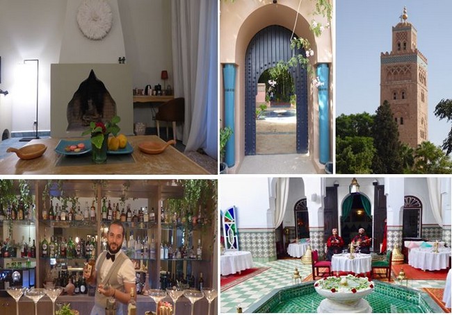 Cheminée des les chambres de l'Hôtel des Remparts;@ C.Gary; L'entrée des jardins de Majorelle @ C.Gary; La Koutoubia de Marrakech @C.Gary ; Un barman très stylé et créateur de cocktails chaque fois différents ! @ C.Gary et  Le Dar Marjana dans la médina de Marrakech @ C.Gary