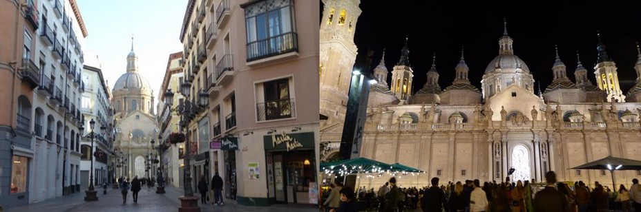 La rue Alfonso tôt le matin @C.Gary et   La Basilique del Pilar la nuit tombée, veille de la fête @C. Gary